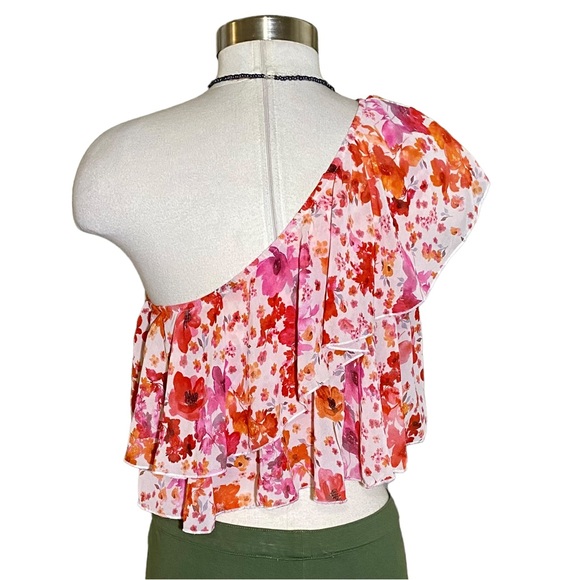 Floral Print One Shoulder Ruffle Trim Top - Picture 4 of 15